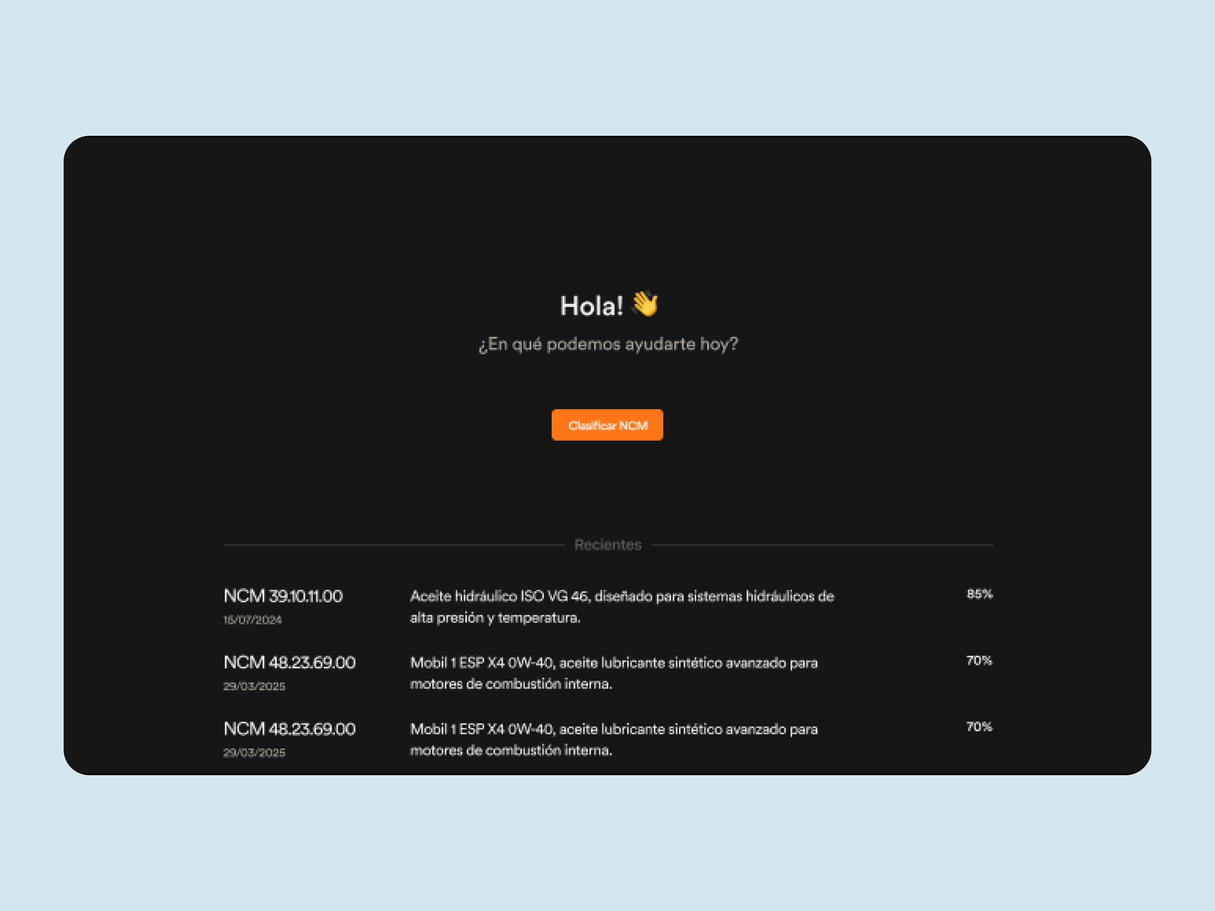 Inicio de Nomenclator con el saludo “Hola!” y las consultas recientes.