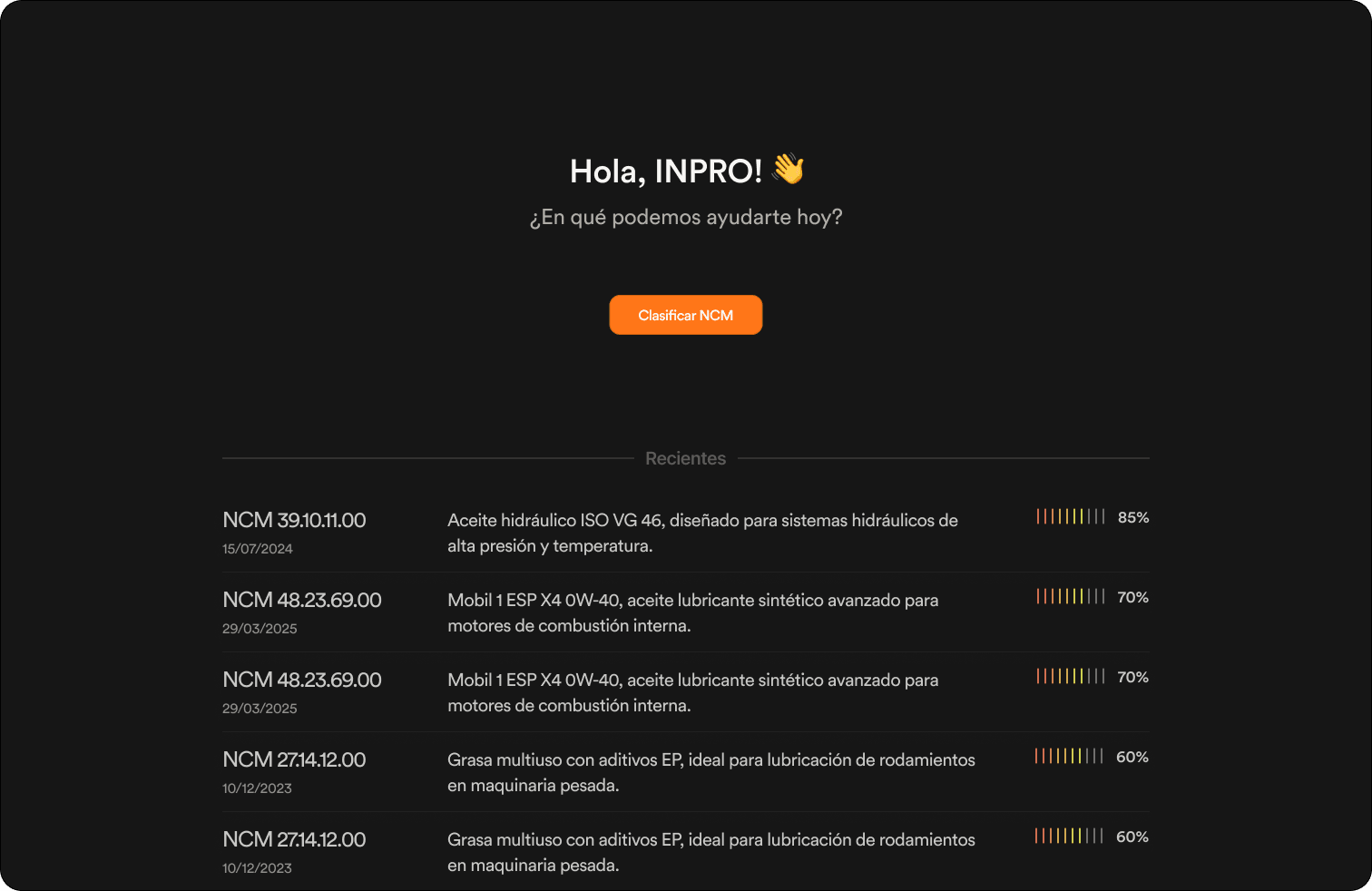 Inicio de Nomenclator con el botón para clasificar un NCM y las consultas recientes.