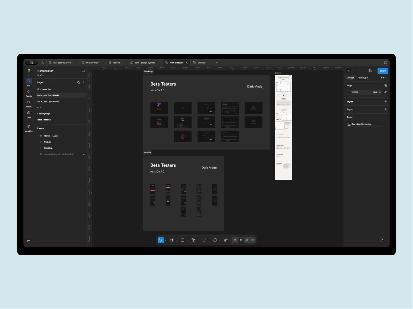 Variables y tokens del sistema de diseño de Nomenclator en Figma.