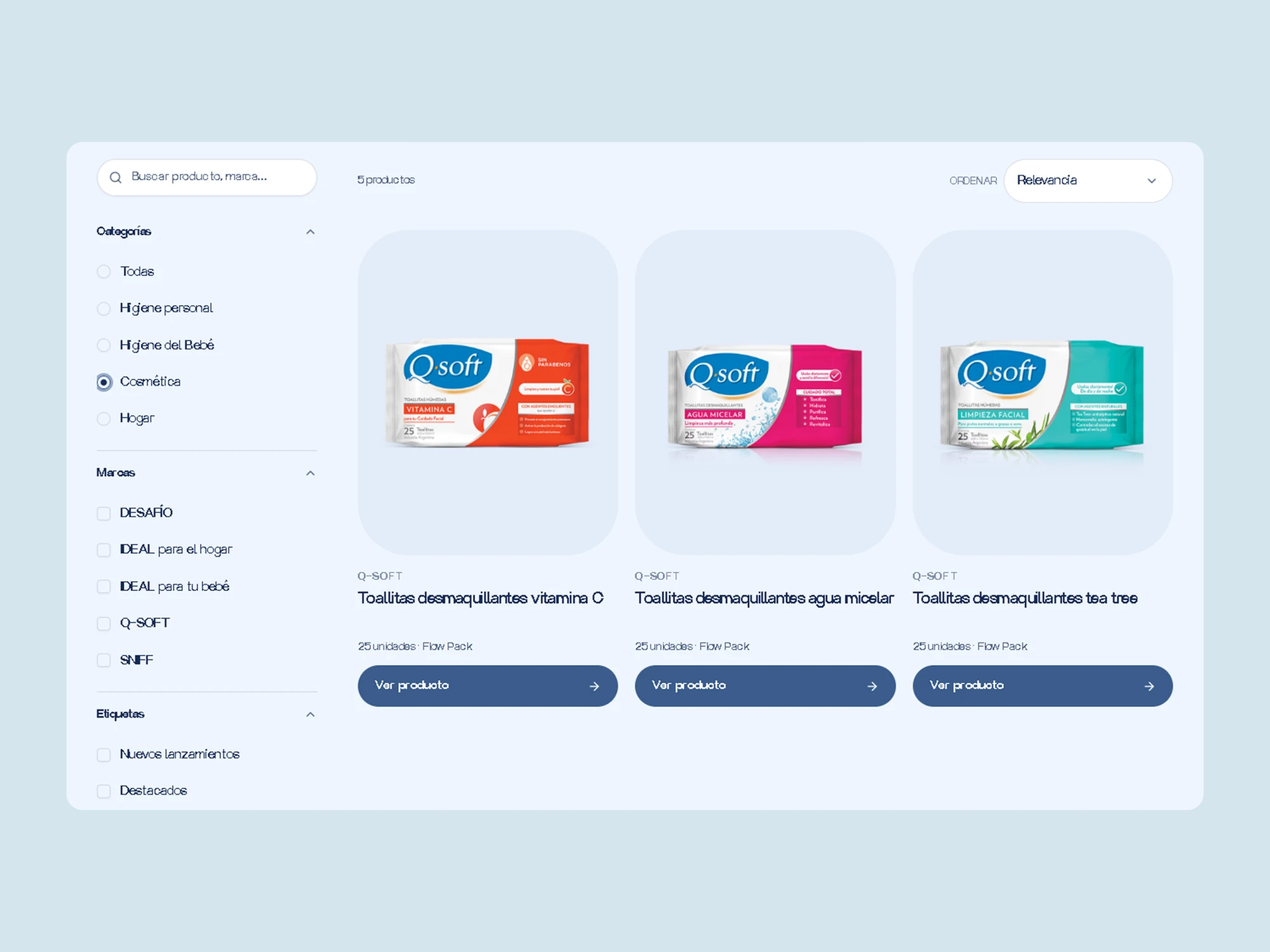 Catálogo de Prifamon filtrado por categoría con tres productos Q-Soft.