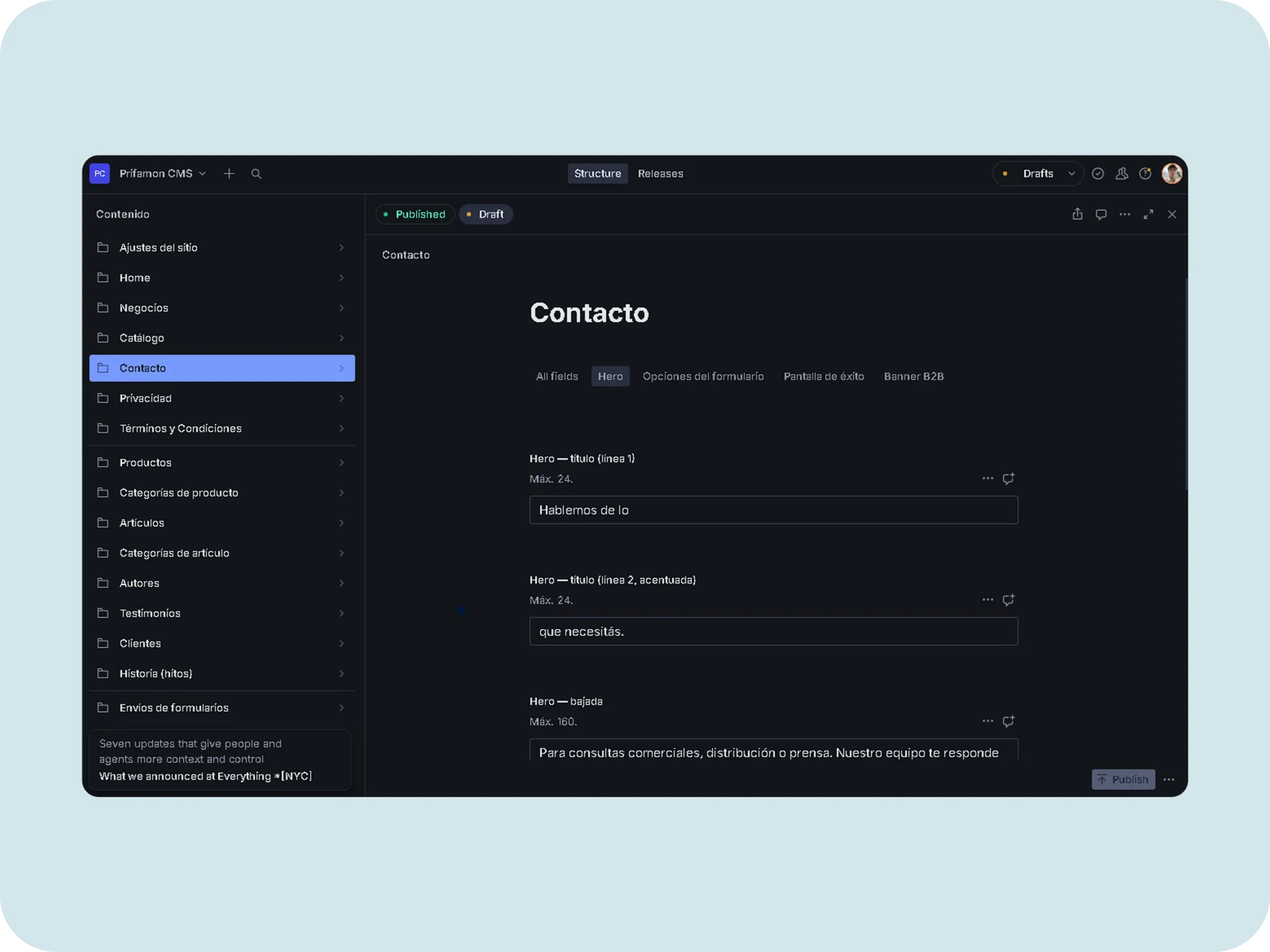 Gestor de contenidos de Prifamon: campos del hero de Contacto con su límite de caracteres.