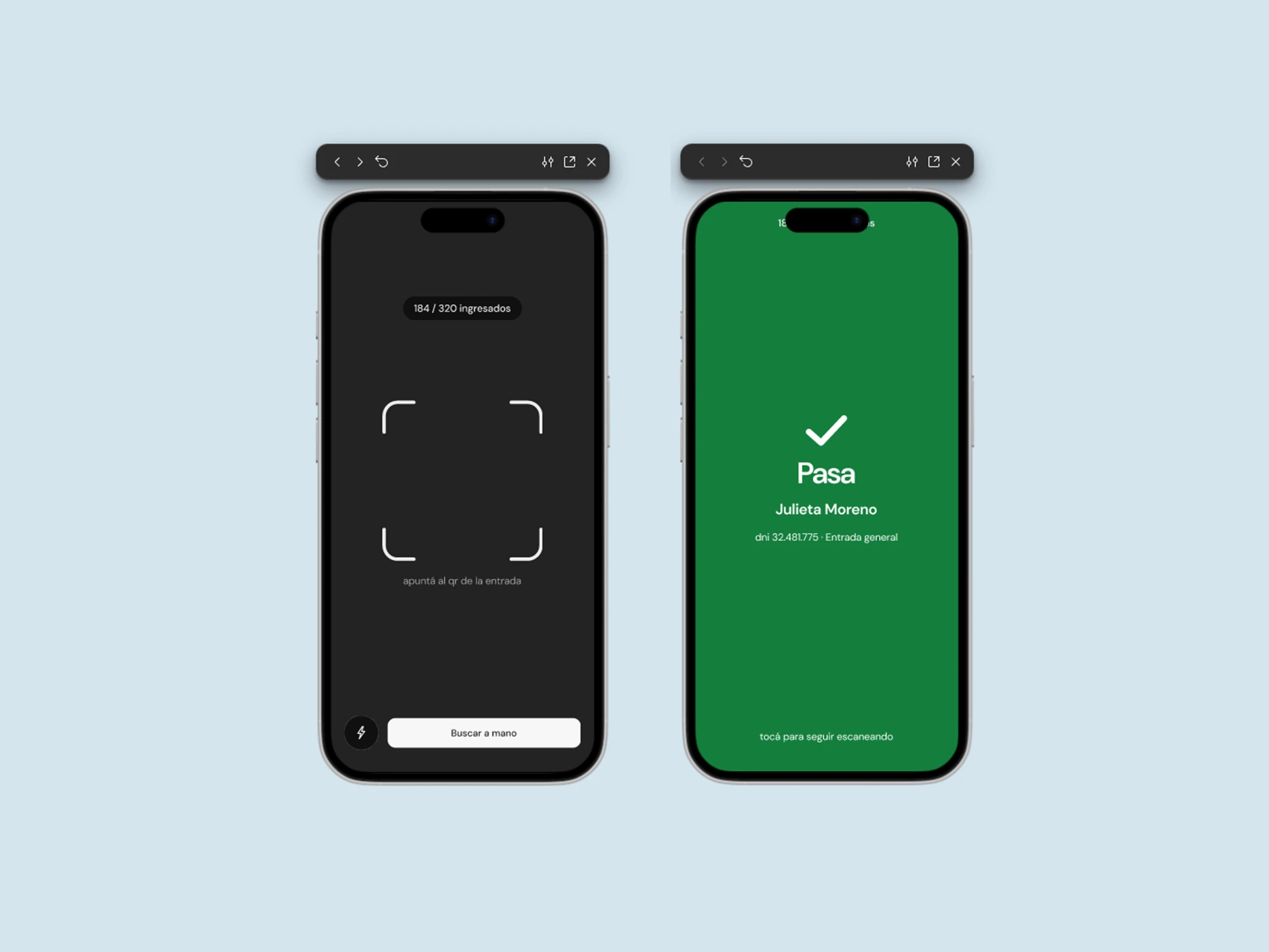 Control de acceso de TCKT: escáner de QR y confirmación de ingreso.