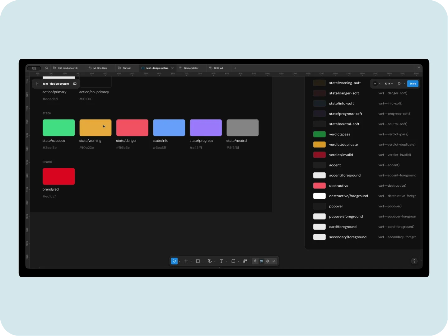 Variables de color del sistema de diseño de TCKT en Figma.